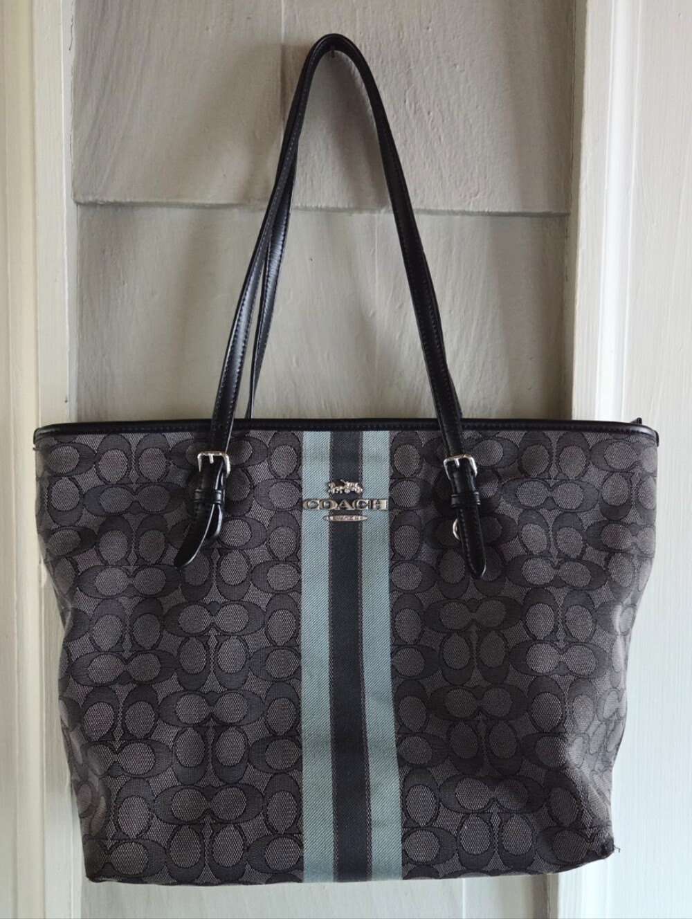 Coach Signature Stripe City Zip Tote Black Blue Jacquard Shoulder Bag F39043